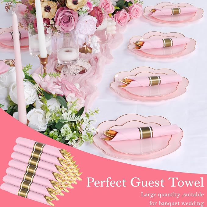 Supernal Gold Plastic Silverware Set with Pre Rolled Pink Napkin-Disposable Cutlery with Pink Linen Napkin Gold, Wrapped Plastic Silverware Heavy Duty Suit for Birthdays, Parties, Weddings 30Packs