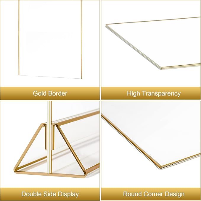 Gold Frame Acrylic Sign Holder 8.5x11 in, Double Sided Table Menu Holders 8Pack..
