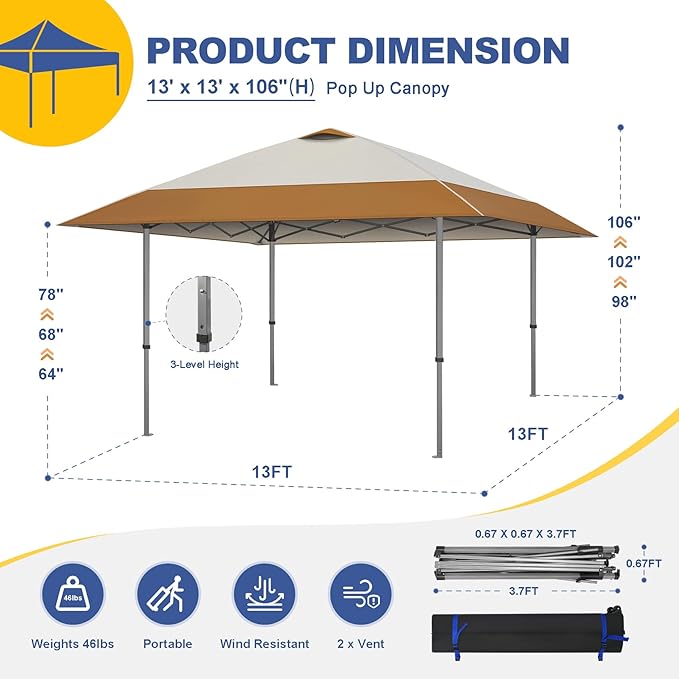 Explore Land 13x13 Pop Up Canopy with One Push Setup Heavy Duty Outdoor Sun Shade Tent for Beach,Camping,Events,Parties(Beige & Brown)