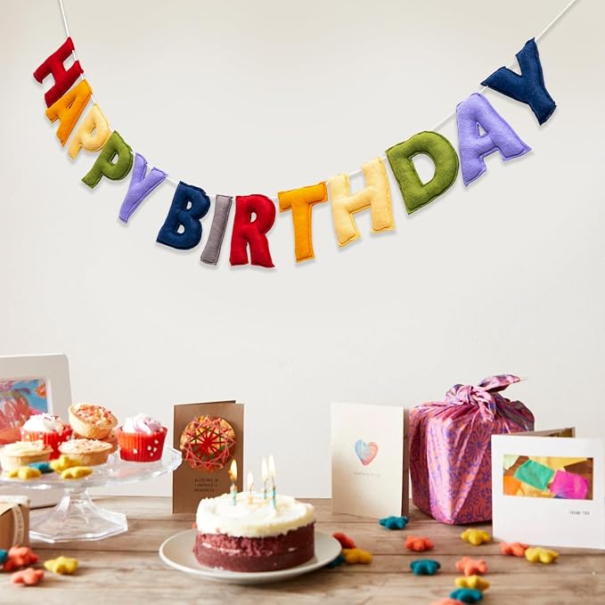 Pre-Strung Happy Birthday Banner - Retro Classic Birthday Party Decorations - Reusable HAPPY BIRTHDAY Garland, Boy Girl Birthday Felt Banner, Happy Birthday Sign for Holiday Party Decor, Photo Prop (Retro Classic Color)