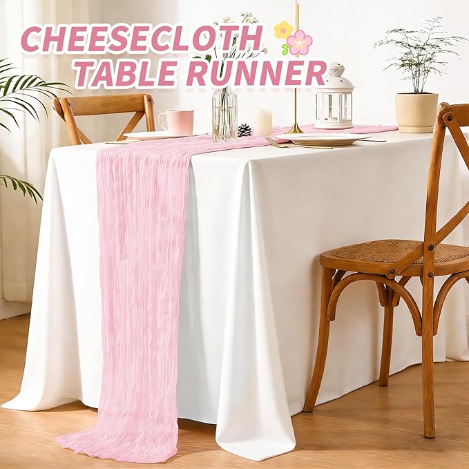6 Pack Cheesecloth Table Runner,Light Pink Table Runner Long Romantic Semi Sheer Rustic Boho Gauze Table Runners for Wedding Bridal Shower Birthday Party Decorations(17.7×108 Inch)