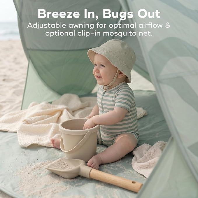 Babymoov Moov & Protect Anti-UV Cooling Beach Tent for Babies with Integrated Mosquito Net, Portable, Green Lagoon (Summer 2025 Edition)