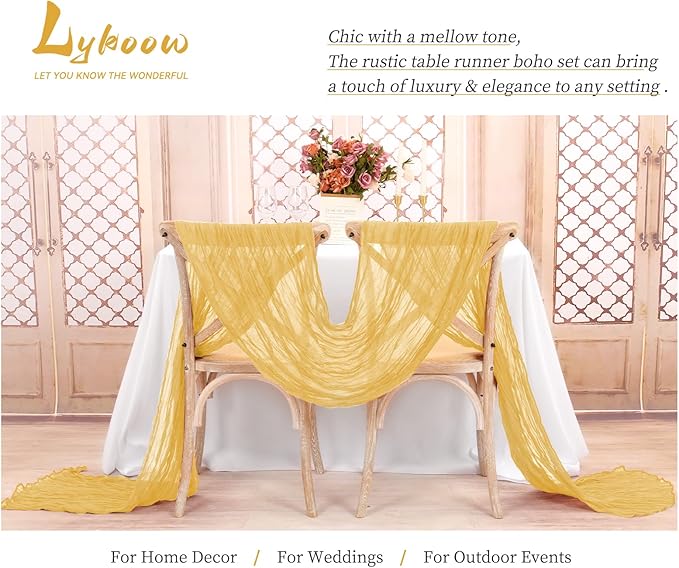 15 Packs Cheesecloth Table Runner Gold,10 Ft Rustic Gauze Boho Wedding Table Runner Decoration, Wedding Table Decor Table Cloth for Party Bridal Shower Table,21.5x120in