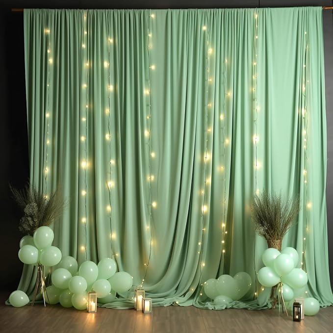 Sage Green Backdrop Curtains with Lights,10x10FT Wrinkle Free Photo Curtains Backdrop Drapes Fabric for Baby Shower Birthday Ceremony Reception Home Party Decorations-5ft x 10ft,2 Panels