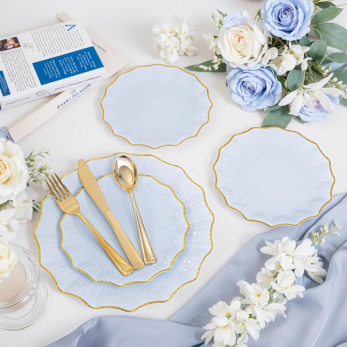 U-QE 150PCS Blue and Gold Plastic Plates with Gold Disposable Silverware for 30 Guests, Vintage Blue Plastic Plates Include 30 Dinner Plate,30 Dessert Plate,90 Cutlery for Bridal Shower, Party