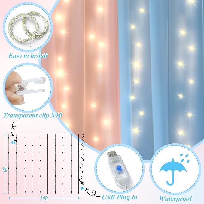 Ledido 2 Pack 10×8ft Pink Blue Tulle Backdrop Curtains with Light String - 600LED Fairy Light Sheer Curtain Backdrop for Gender Reveal Baby Shower Photo Shoot Birthday Party Decoration(4 Panels 5×8ft)