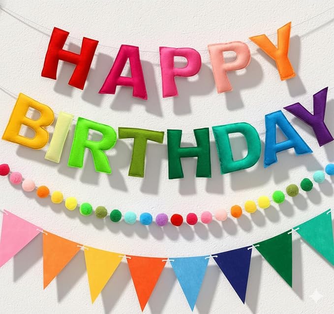 3D Happy Birthday Banner Set – Pre-Strung Reusable Rainbow Happy Birthday Decorations with Felt Ball Garland, Triangle Flag Bunting & Colorful Circle Hanging Banner for Wall Window Garden Party Supply