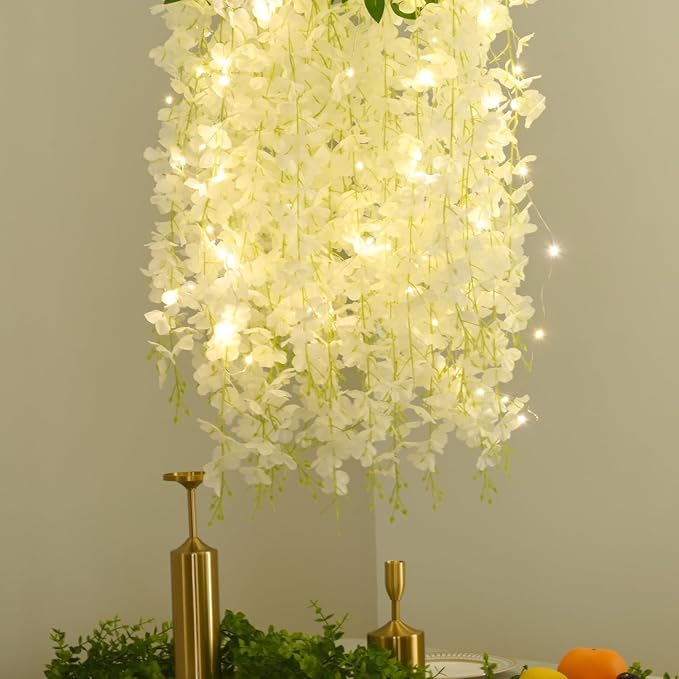 24Pcs Artificial Wisteria Hanging Flowers with Lights, 3.6Ft/Pcs White Fake Wisteria Garland for Wedding Party Home Garden Indoor Outdoor Decoration