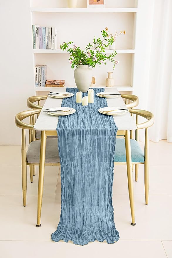 8 Pack 10Ft Dusty Blue Cheesecloth Table Runner 35x120 inch Boho Gauze Cheese Cloths Table Runners Long Wrinkled Sheer Romantic Table Runner for Wedding Bridal Shower Birthday Party Table Decor