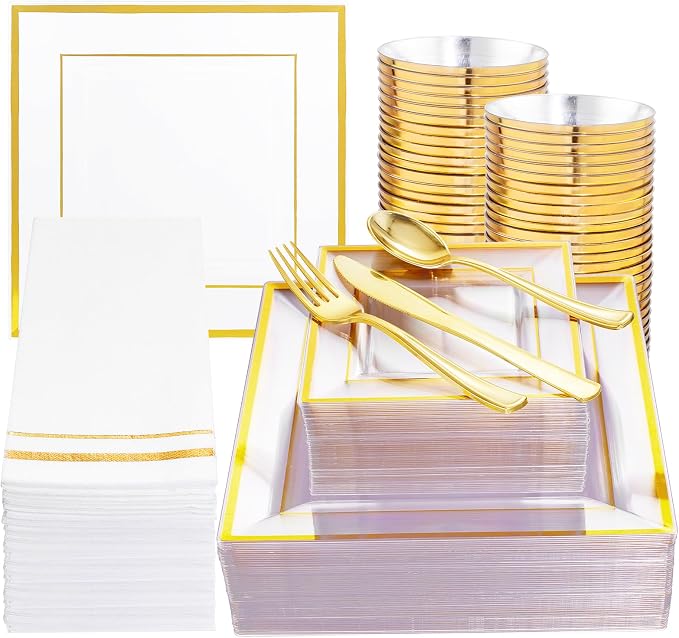 Festiva 350Pcs Clear Plastic Plates with Gold rim - Clear Gold Disposable Dinnerware for 50 Guests include Square Plastic Plates/Cups/Cutlery/Napkins Perfect for Birthday Party&Wedding