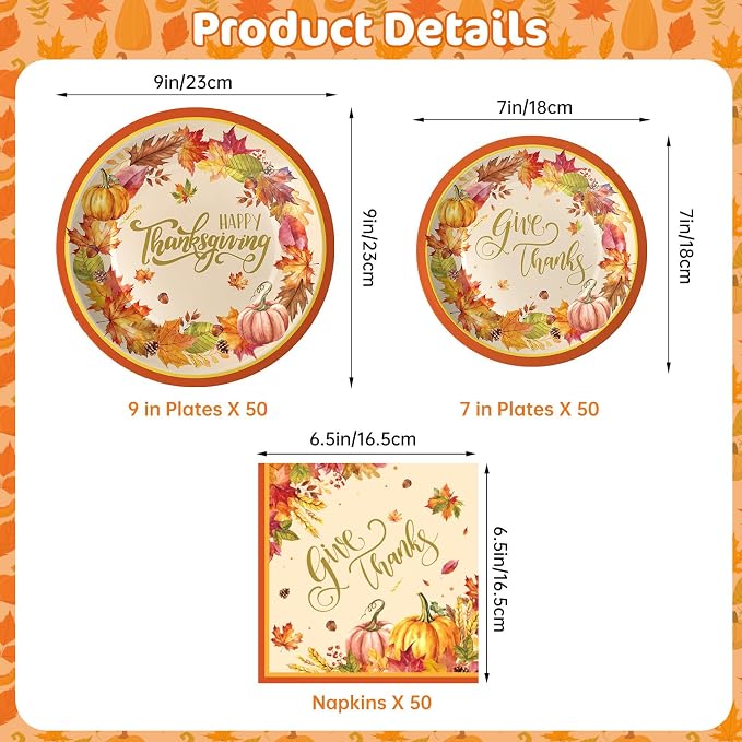 150 Pack Happy Thanksgiving Plates and Napkins Sets - Disposable Fall Paper Plates Napkins Dinnerware, Give Thanks Heavy Duty Dessert Dinner Plate for Thanksgiving Party Supplies Table Decor, Serve 50