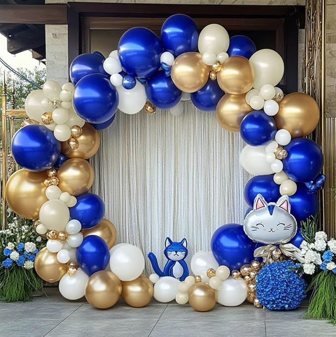 Royal Blue and Gold Balloon Garland - Double Stuffed Pearl Sand White Blue Gold Balloons Arch Kit for Birthday Graduation Anniversary Bachelor Wedding Baby Shower Party Decoration