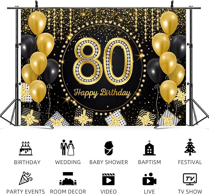 10x6.5ft Happy 80th Birthday Backdrop Black Gold 80 Years Birthday Party Photography Background 80th Anniversary Banner Decorations Men Women Celebration Party Portrait Photo Booth Prop