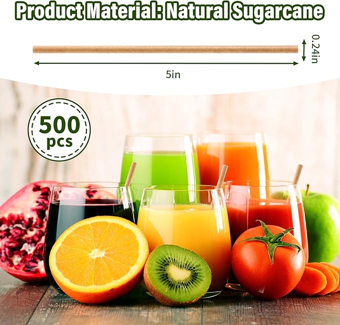 Potchen 500 Pcs Biodegradable Sugarcane Straws Disposable Drinking Smoothie Straws Bulk for Home Parties Restaurants (5 Inch)