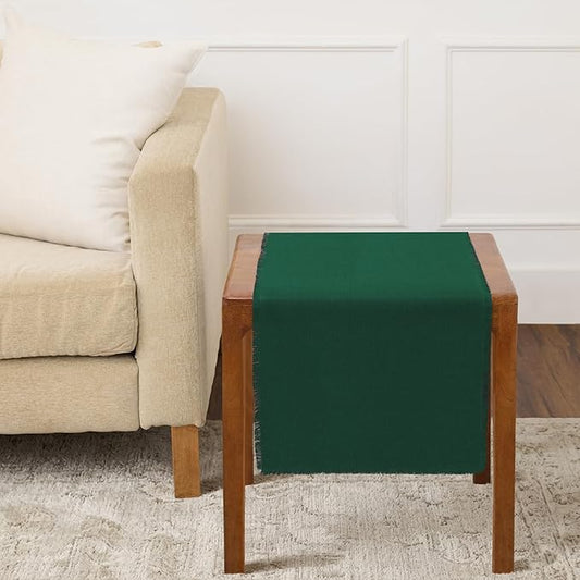 Solino Home Linen Evergreen Table Runner 36 Inches - Fringe, 100% Pure Linen Small Table Runner 14 x 36 Inch Ideal for Dresser and Coffee Tables