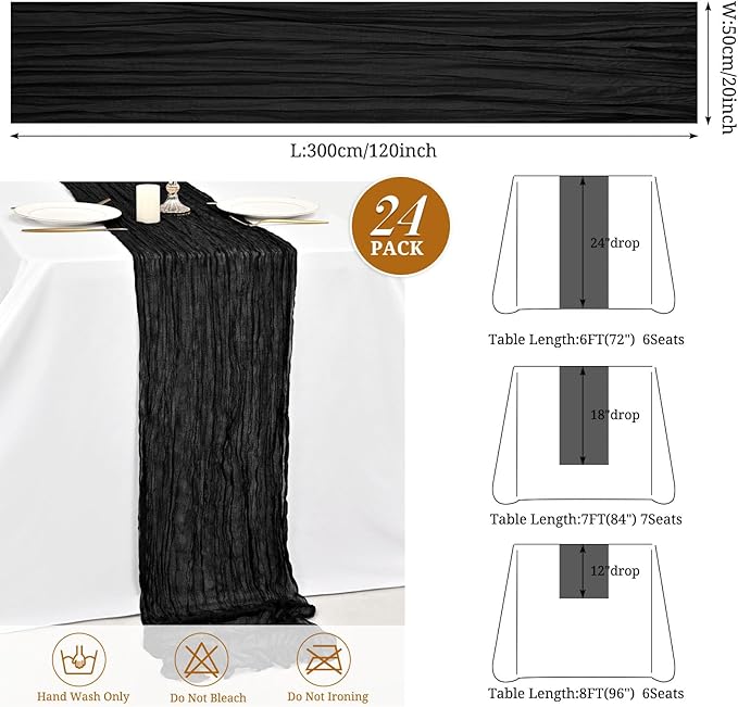 24 Pack Black Cheesecloth Table Runner,10FT Gauze Boho Long Cheesecloth Table Runners 20x120inch Rustic Cheese Cloth Table Runner for Wedding Party Bridal Shower,Table Decorations