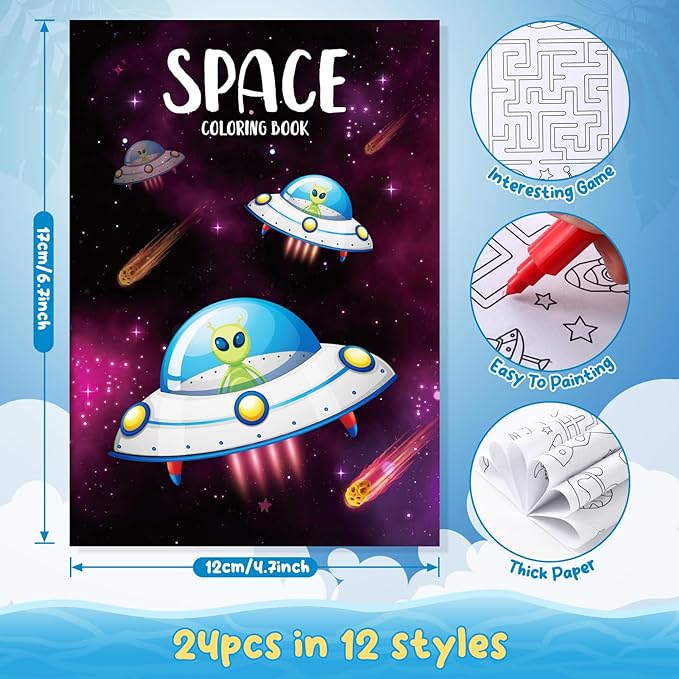 BenLouis 24 Outer Space Mini Coloring Books Kids with 24 Stacking Crayons Astronaut Party Favors Activity Books Bulk for Kids Solar System Galaxy Alien Goodie Bag Gift Stuffer Classroom Reward