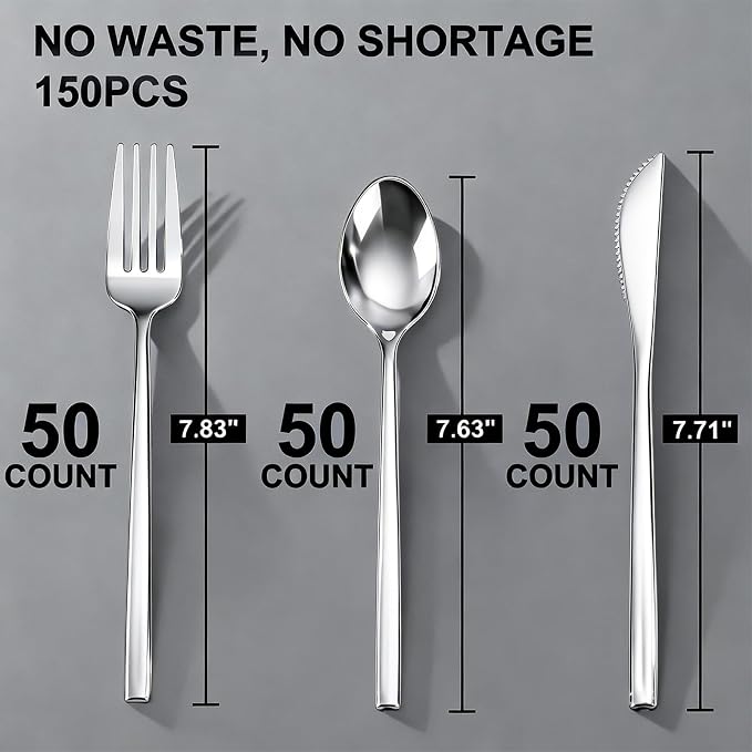 Tinybee 150PCS Silver Plastic Silverware - Heavy Duty Plastic Silverware, Luxury Silver Disposable Utensils - Elegant Disposable Utensil Include 50 Knives, 50 Forks, 50 Spoons for Party&Wedding