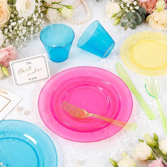 Supernal 216pcs Plastic Dinnerware Set include Rainbow Disposable Plates for Party Heavy Duty,Colorful Disposable Cups,Plastic Silveware in Neon Pink,Blue,Green,Yellow, Pefect for Birthdays