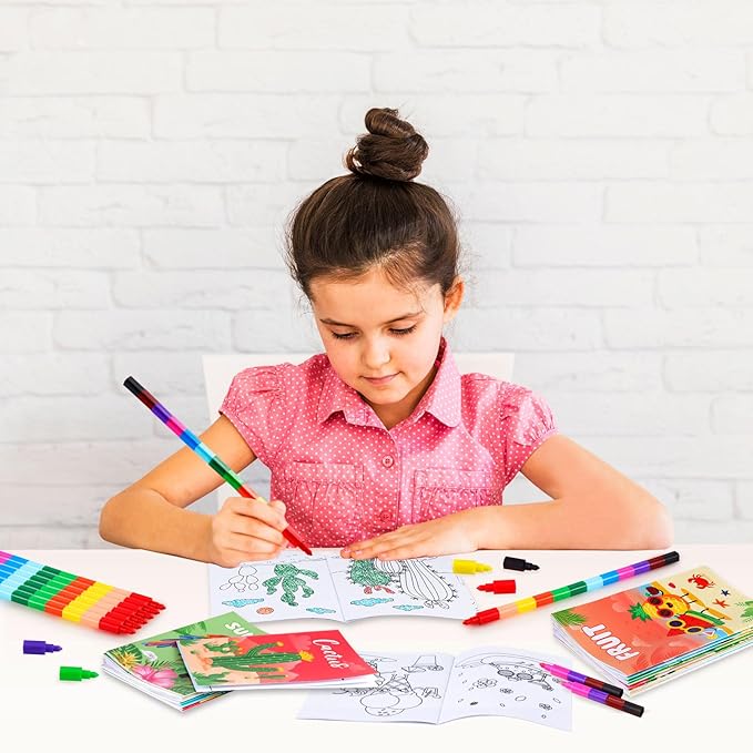 BenLouis 24 Summer Mini Coloring Books Kids with 24 Stacking Crayons Beach Pool Party Favors Activity Books Bulk for Kids Summer Birthday Goodie Bag Gift Stuffer Classroom Reward