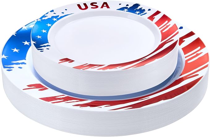 Goodluck 4th of July Plastic Plates, 60Pcs Patriotic Red White and Blue Party Supplies with USA Flag Design, Includes 30 10" Dinner & 30 7.5" Dessert Plates for Independence Day Memorial Day