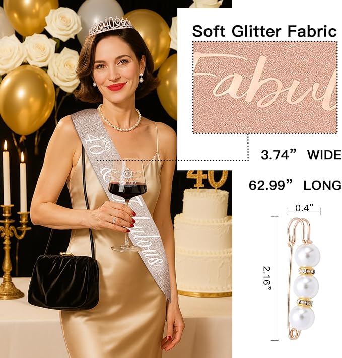 40TH Birthday Gifts for Women Her,40th Birthday Sash,Crown,Rhinestone Tiara,Vintage Engraved Wine Glass,40 Year Old Birthday Decorations For Her,Women,Mom,Wife,Friends,Sister-Turning 40 Present