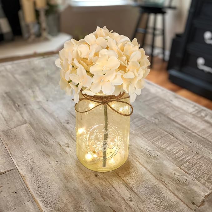 Set of 3 Mason Jar Lights, Champagne Hydrangea Holiday Table Decor | Farmhouse Table Centerpiece for Home Wedding Event Party Decor