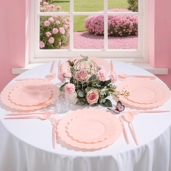 WONDERFUL 150 Pcs Pink Plastic Plates Disposable Plastic Dinnerware Set Pink Plate and Silverware Set Disposable Plates for Party Wedding & Bridal Shower Party Mothers Day Decor 30 Guests