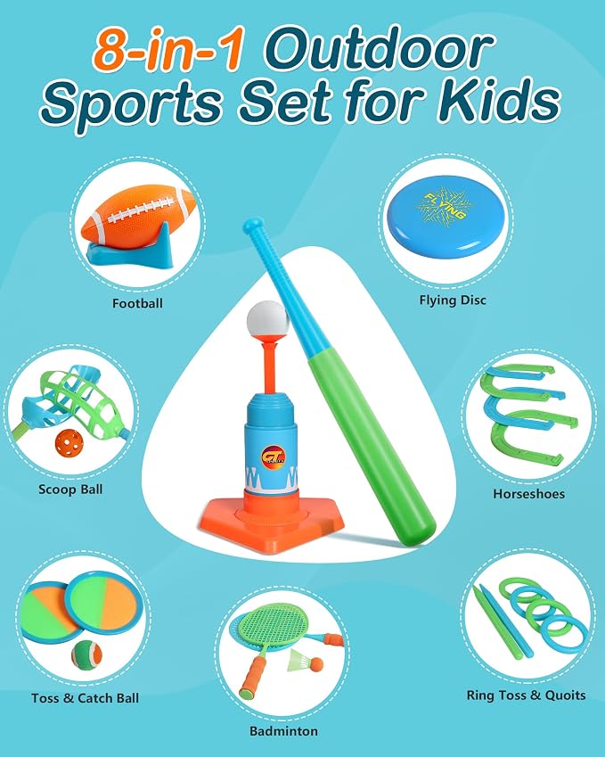 Outdoor Toys for Kids Ages 4-8, 8-in-1 Backyard Games Set with Multiple Sports Activities, Outdoor Family Play for Boys and Girls, Ideal for Parties, Camping & Birthday Gifts