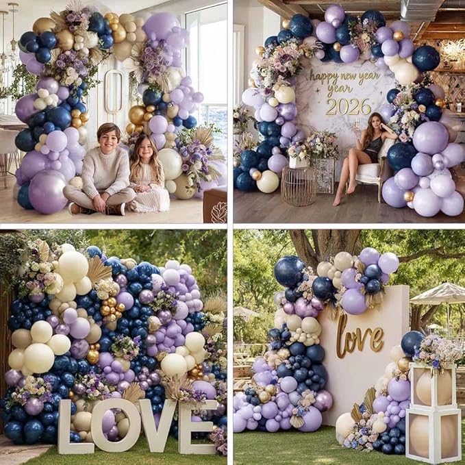 Navy Blue Purple Balloon Arch Double Stuffed Dark Blue Pastel Lavender White Sand Ivory Balloon Garland Kit Clear Bobo Metallic Lilac for Baby Shower Wedding Birthday Mother Day Graduation Party Decor