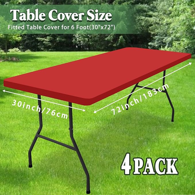 4 Pack Picnic Fitted Table Cover for 6 Foot Tablecloth for Rectangle Tables Waterproof Stretch Washable Folding Indoor and Outdoor Spandex Table Cloth for Camping Banquet and Parties (Red,30" x 72")
