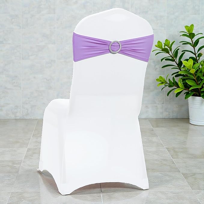 VDS - Lavender | Spandex Chair Sashes Bows | 50 PCS | Stretch Elastic Banquet Universal Folding Chair Band Tie with Silver Buckle Slider for Wedding Party Conference Celebration Event Decoration
