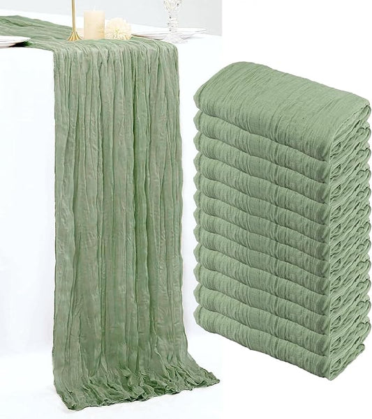 12 Pack Sage Green Cheesecloth Table Runner, 10FT Spring Boho Gauze Green Cheese Cloth Table Runner 35 x120 Inch Semi Sheer Long Runner for Table Wedding Party Banquet Baby Shower Birthday