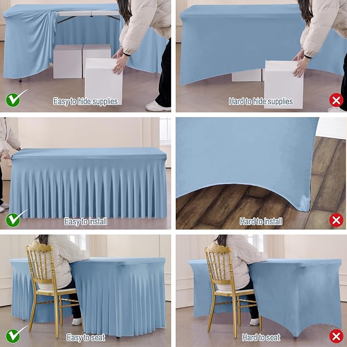 4 Pack Dusty Blue Spandex Fitted Tablecloths for 6 Foot Rectangle Tables, Dusty Blue Stretch Table Cloth with Table Skirt, Wrinkle Free Spandex Table Covers 6ft for Parties, Weddings, Trade Shows