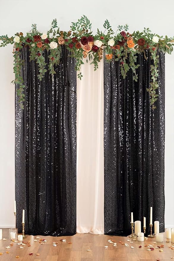 PartyDelight Black Sequin Backdrop Curtains 2x8ft 2 Panels | 3mm stitched sequin curtain with 4 inch rod pocket for 2x8ft 2 panel doorway window side drape narrow photo booth strip