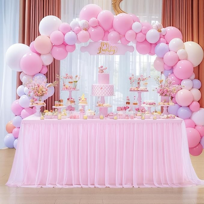Pink Tablecloth for 6 Foot Rectangle Table, Tulle Skirt Cover 6ft Wedding Cloth for Parties Baby Shower Tutu Ruffle Desk Skirt Bridal Shower Banquet Decoration