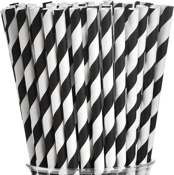 ALINK Black Paper Straws - 100 pcs Biodegradable Black and White Striped Drinking Straws for Party Decorations, Weddings, Birthdays, Baby Showers, Events and Crafts, Compostable Straws, 7.75" x 0.24"