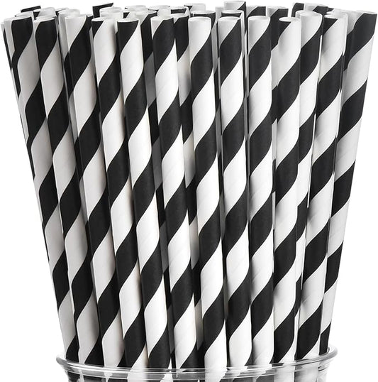 ALINK Black Paper Straws - 100 pcs Biodegradable Black and White Striped Drinking Straws for Party Decorations, Weddings, Birthdays, Baby Showers, Events and Crafts, Compostable Straws, 7.75" x 0.24"