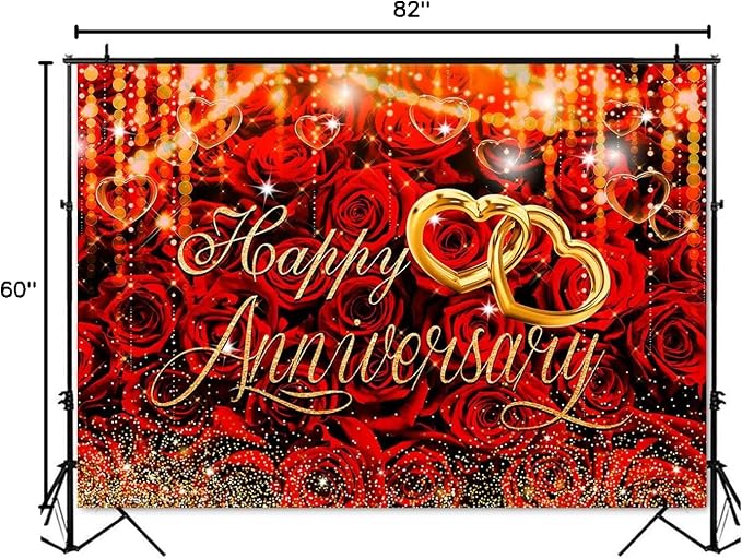 Mocsicka 7x5 ft Happy Anniversary Backdrop Wedding Anniversary Party Decoration Red Rose Floral Gold Bokeh Heart Background for Wedding Couple Love Party Supplies (Red, M-(82x60 inch))