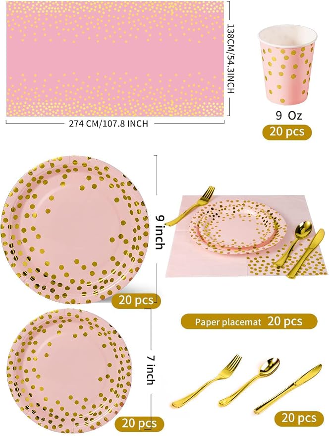 Nkaiso 141 Pieces Pink Gold Party Supplies, Party Dinnerware Sets Include Paper Plates Napkins Cups Silverware, for Wedding Bridal Shower Engagement Birthday Parties Decoration -20 Serves