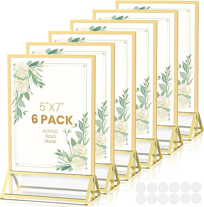 Acrylic Sign Holder 5X7 Gold Frames Double-Sided Gold Picture Frames for Flyer Holder Menu Holder Wedding Table Number Holder Christmas Photo Frame with Removable Sticky Dots -6 Pack