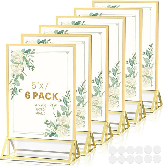 Acrylic Sign Holder 5X7 Gold Frames Double-Sided Gold Picture Frames for Flyer Holder Menu Holder Wedding Table Number Holder Christmas Photo Frame with Removable Sticky Dots -6 Pack