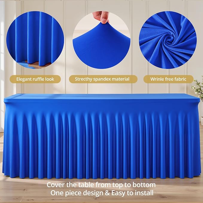 2 Pack 6ft Royal Blue Spandex Table Cloths for Rectangle Tables Wrinkle Free Rectangle Tablecloths, Stretch Fitted Table Cover with Skirt for Birthday Party Wedding Banquet Baby Shower Buffet Event