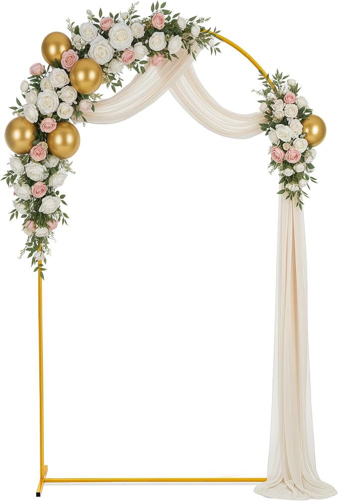 Gold Metal Arch Backdrop Stand for Wedding & Birthday Party Decorations, Foldable Balloon Arch Frame with Easy Assembly, Photo Booth Backdrop Décor with Fairy Lights Options