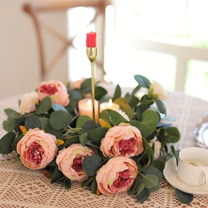 MISSPIN 2pcs Artificial Flowers Garland Spring Eucalyptus Garland Vintage Fake Flower Peony Rose Vine Greenery Decorative Wall Hanging Plant for Wedding Arch Door Arrangement Party Decor