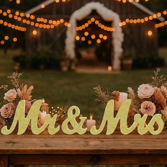 Mr & Mrs Sign for Wedding Table, Wedding Decorations for Reception, Large Wooden Letters Centerpieces Decor for Sweetheart Table, Ceremony, Anniversary, Party and Valentine's Day(Golden)