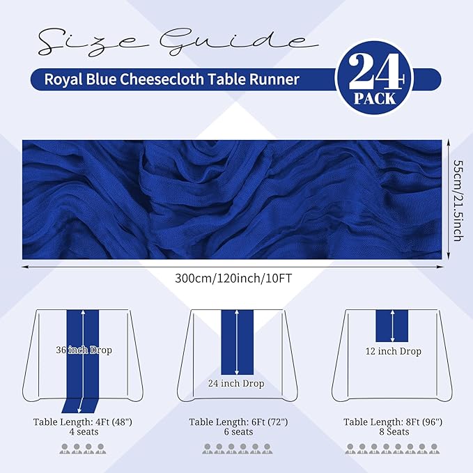 24 Pack Royal Blue Cheesecloth Table Runner 120 inch Fall Thanksgiving Boho Rustic Gauze Farmhouse 10FT Cheese Cloth Runner for Baby Shower Wedding Party Holiday Home Decor