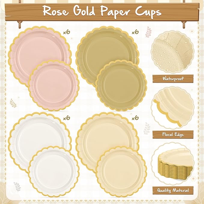 Mimorou 169 Pcs Champagne-gold Beige Plates and Napkins Party Supplies Rose Gold Tableware Include Scalloped Pink Plates Paper Napkin Cup Spoon Fork Knife for Boho Baby Shower, Wedding, Birthday
