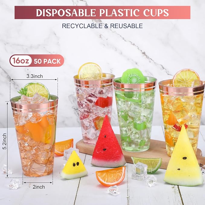 Sliner 50 Pcs Hard Plastic Cups Double Rimmed Plastic Cups Heavy Duty Fancy Wine Glasses for Holiday Christmas New Year Winter Birthday Party Supplies(16 Oz,Rose Gold)