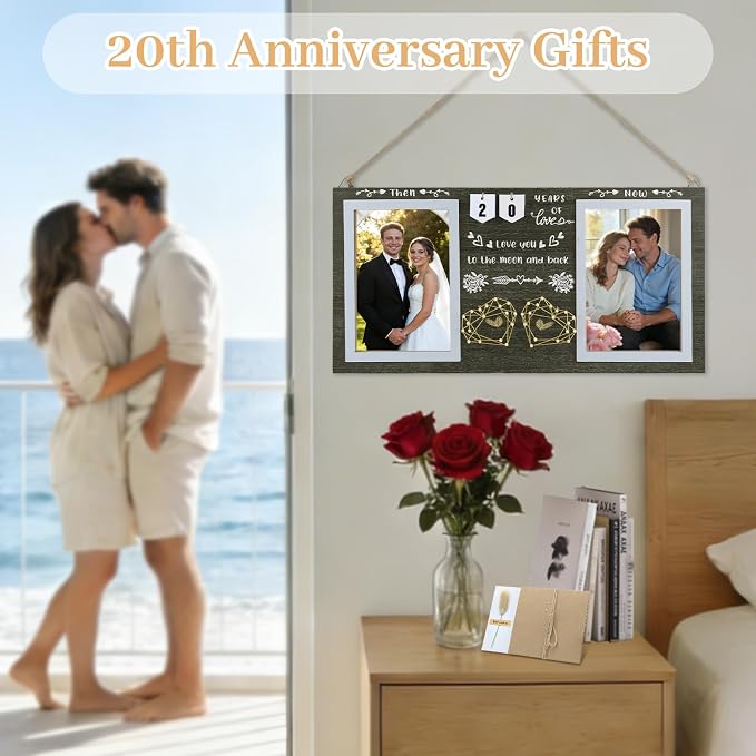 Then & Now Anniversary Picture Frame – Anniversary Wedding Gift for Couple & Parents, 1–99 Years Double 4x6 Picture Frame with Number Cards & Greeting Card (Dark Green)